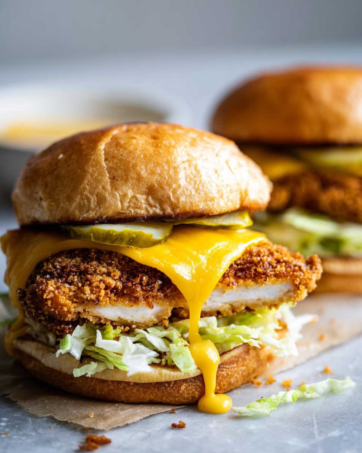 A close-up of a Crispy Chicken Burger with Melty Cheese dripping down the side, featuring a fried chicken fillet, pickles, and shredded lettuce.