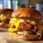 Close-up of a Crispy Chicken Burger with Melty Cheese dripping over the fried chicken patty and pickles on a brioche bun.