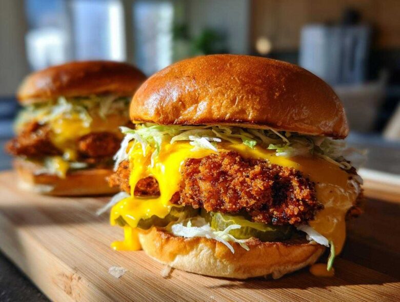 Close-up of a Crispy Chicken Burger with Melty Cheese dripping over the fried chicken patty and pickles on a brioche bun.
