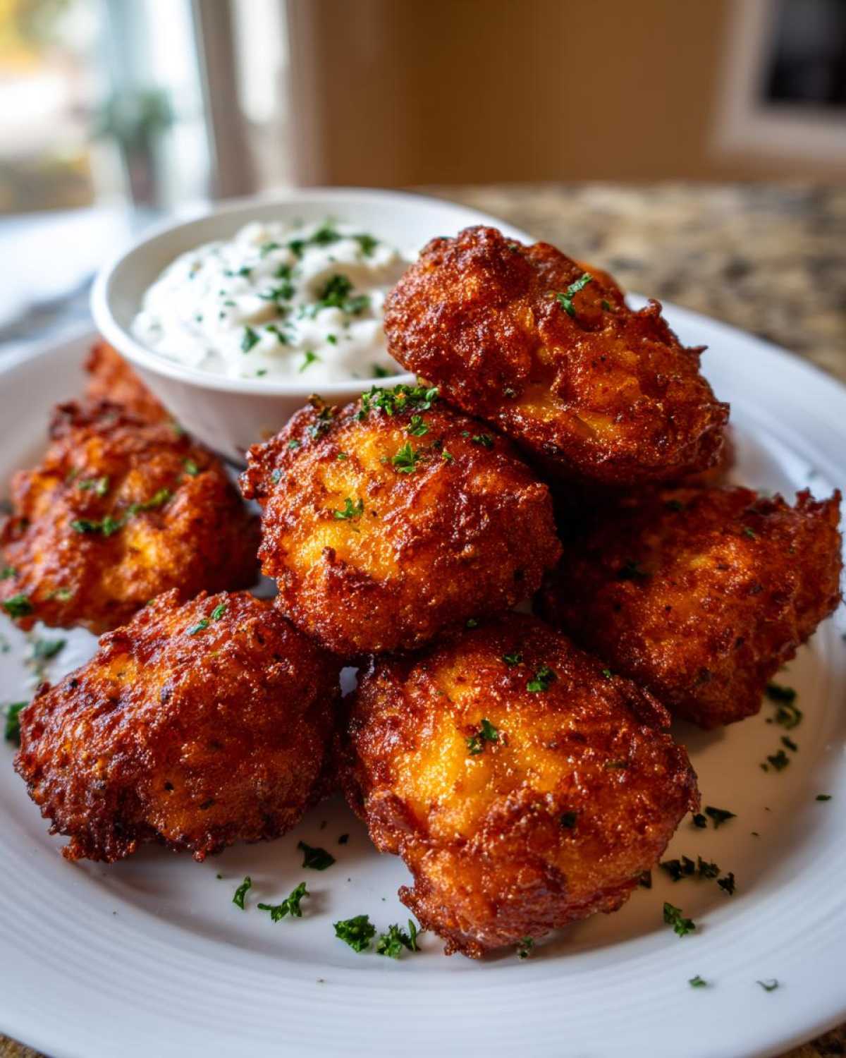 A pile of golden brown Crispy Chicken Fritters garnished with parsley, served next to a bowl of garlic yogurt sauce.