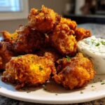 A pile of golden brown Crispy Chicken Fritters served on a white plate next to a small bowl of garlic yogurt sauce.