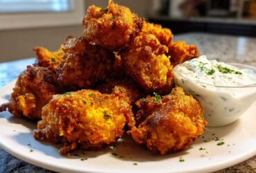 A pile of golden brown Crispy Chicken Fritters served on a white plate next to a small bowl of garlic yogurt sauce.