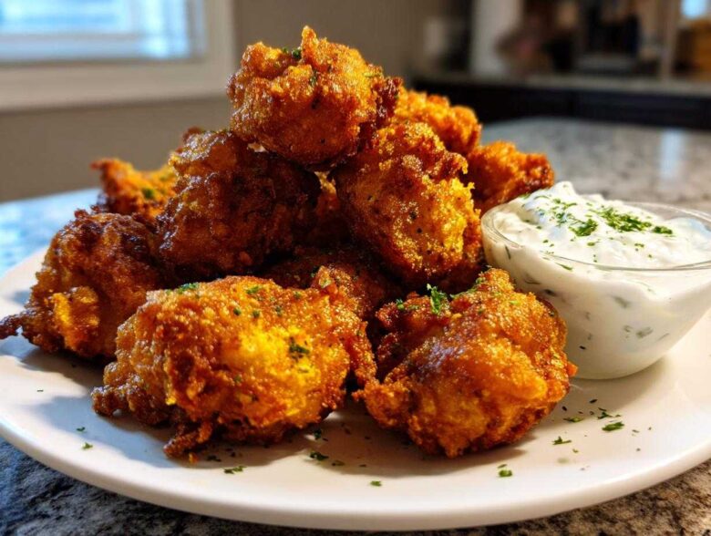 A pile of golden brown Crispy Chicken Fritters served on a white plate next to a small bowl of garlic yogurt sauce.