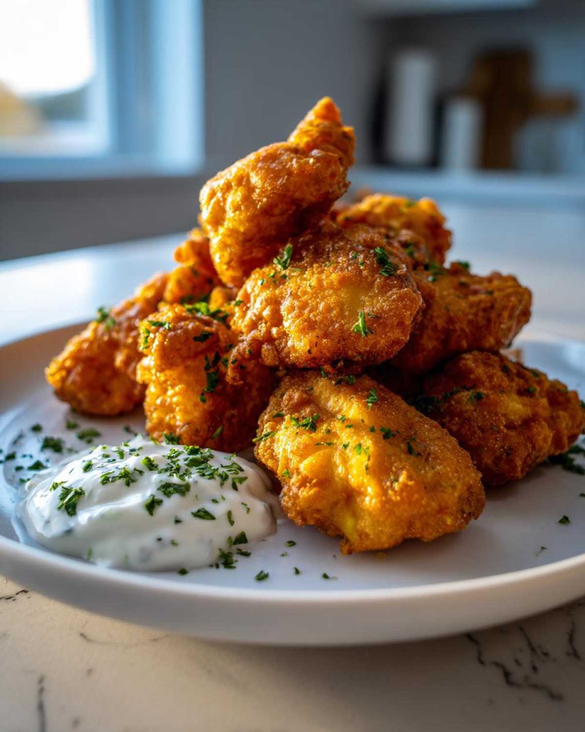 A stack of golden brown Crispy Chicken Fritters served with a dollop of creamy garlic yogurt sauce on a white plate.