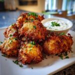 A pile of golden brown, crispy chicken fritters garnished with parsley, served next to a bowl of garlic yogurt sauce.