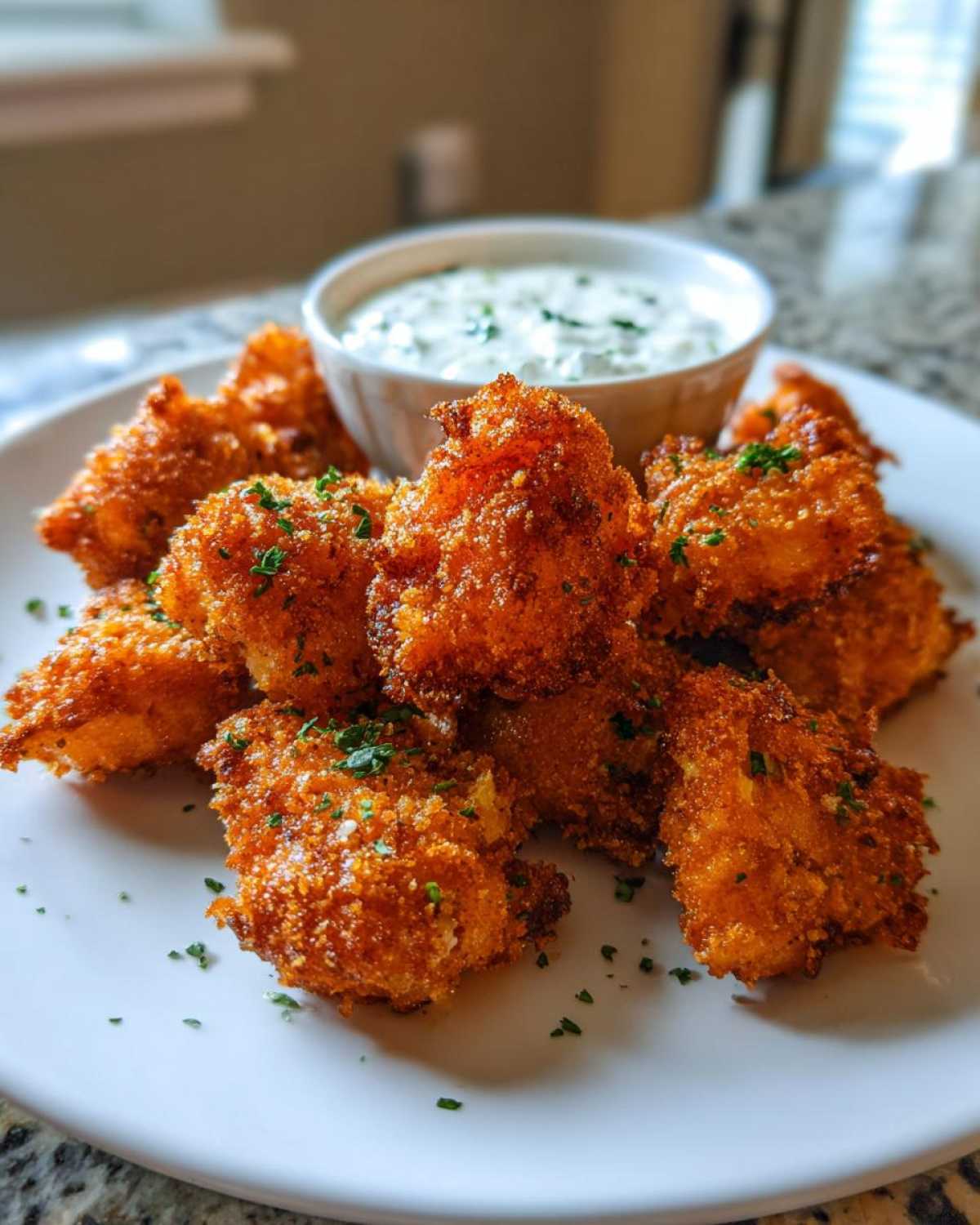 A plate of golden brown Crispy Chicken Fritters garnished with parsley, served next to a small bowl of garlic yogurt sauce.