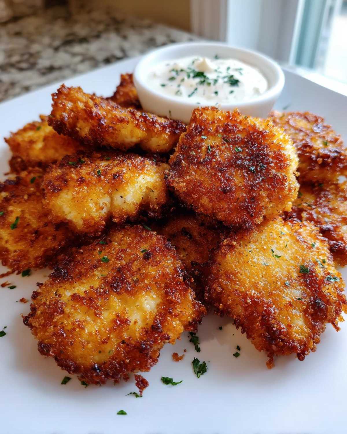 A plate of golden brown Crispy Chicken Fritters served with a small bowl of Garlic Yogurt Sauce.