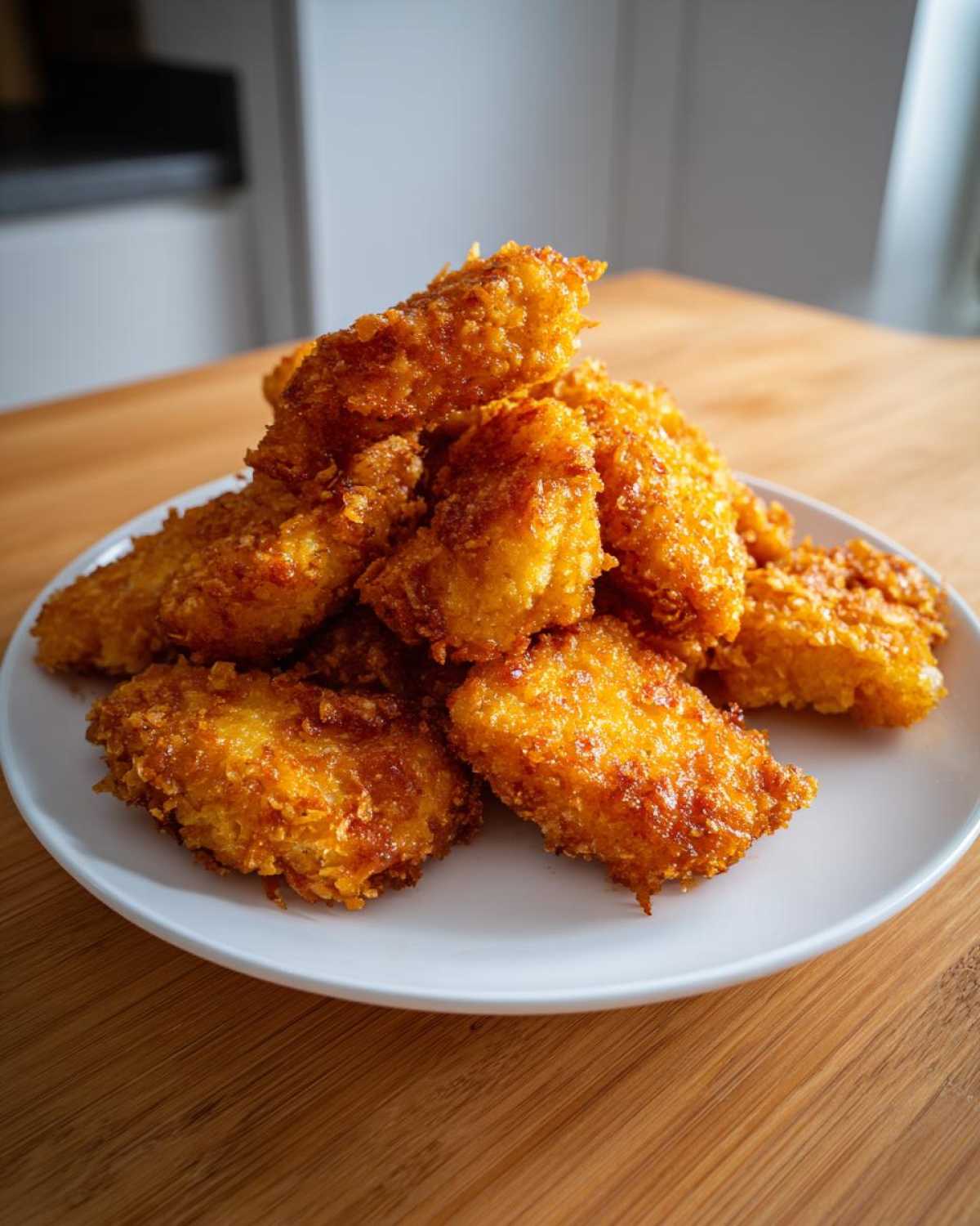 A pile of golden brown, extra crunchy homemade chicken nuggets served on a white plate.