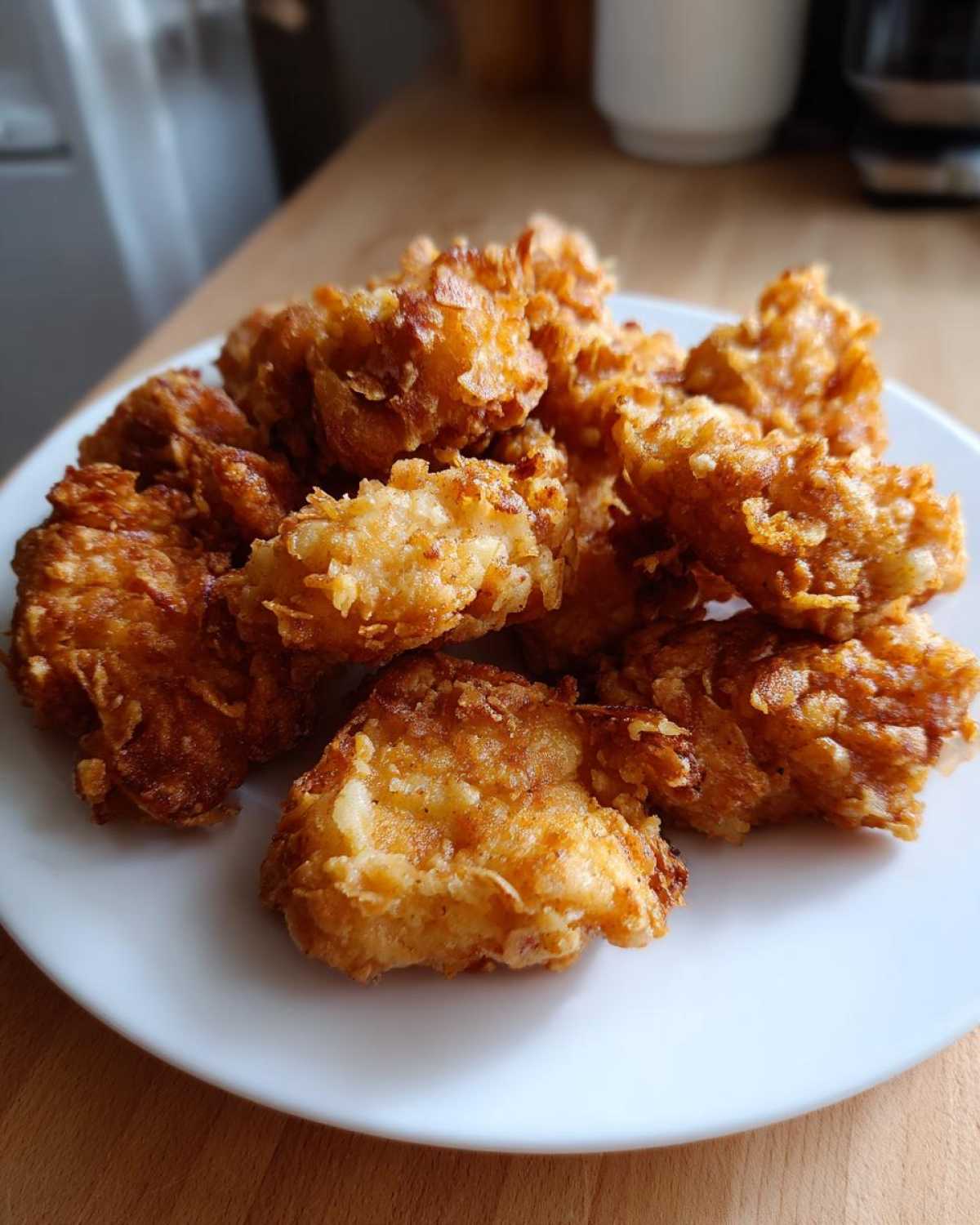 A pile of golden brown, extra crunchy homemade chicken nuggets served on a white plate.