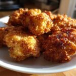 A close-up of golden brown Crispy Chicken Nuggets Homemade Extra Crunchy piled on a white plate, glistening in the sunlight.