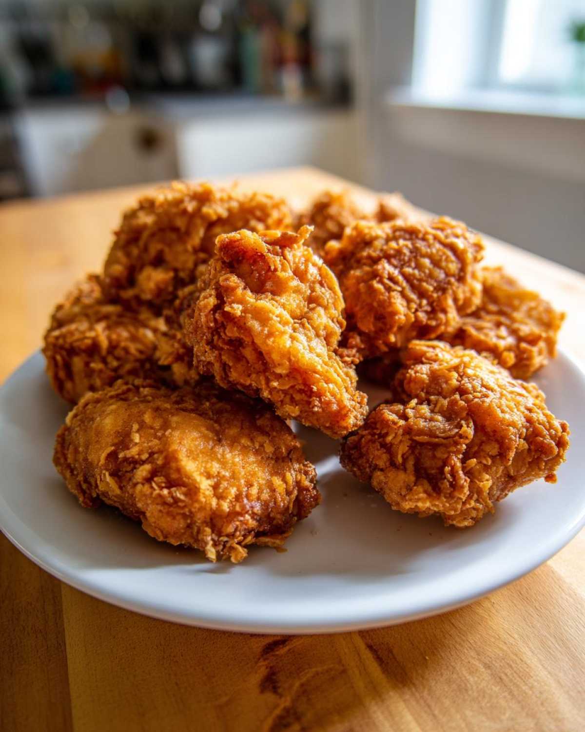A pile of golden brown, extra crunchy homemade chicken nuggets served on a white plate.