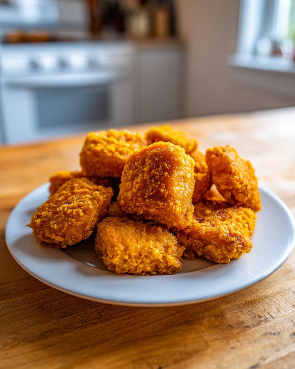 A pile of golden brown, Crispy Chicken Nuggets Homemade Extra Crunchy served on a white plate.