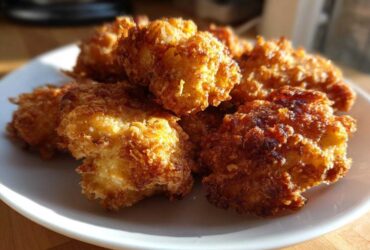 A close-up of golden brown Crispy Chicken Nuggets Homemade Extra Crunchy piled on a white plate, glistening in the sunlight.