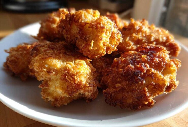 A close-up of golden brown Crispy Chicken Nuggets Homemade Extra Crunchy piled on a white plate, glistening in the sunlight.