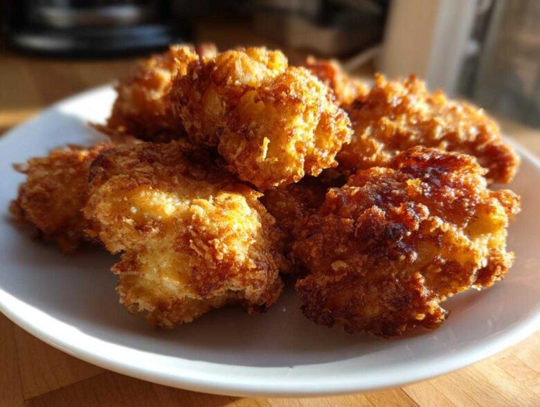 A close-up of golden brown Crispy Chicken Nuggets Homemade Extra Crunchy piled on a white plate, glistening in the sunlight.