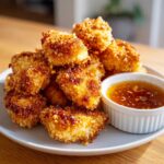A pile of golden brown Crispy Chicken Nuggets served on a light grey plate next to a small white ramekin of honey garlic dip.