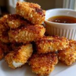 A stack of golden brown, crispy chicken nuggets served with a small white ramekin of honey garlic dip.
