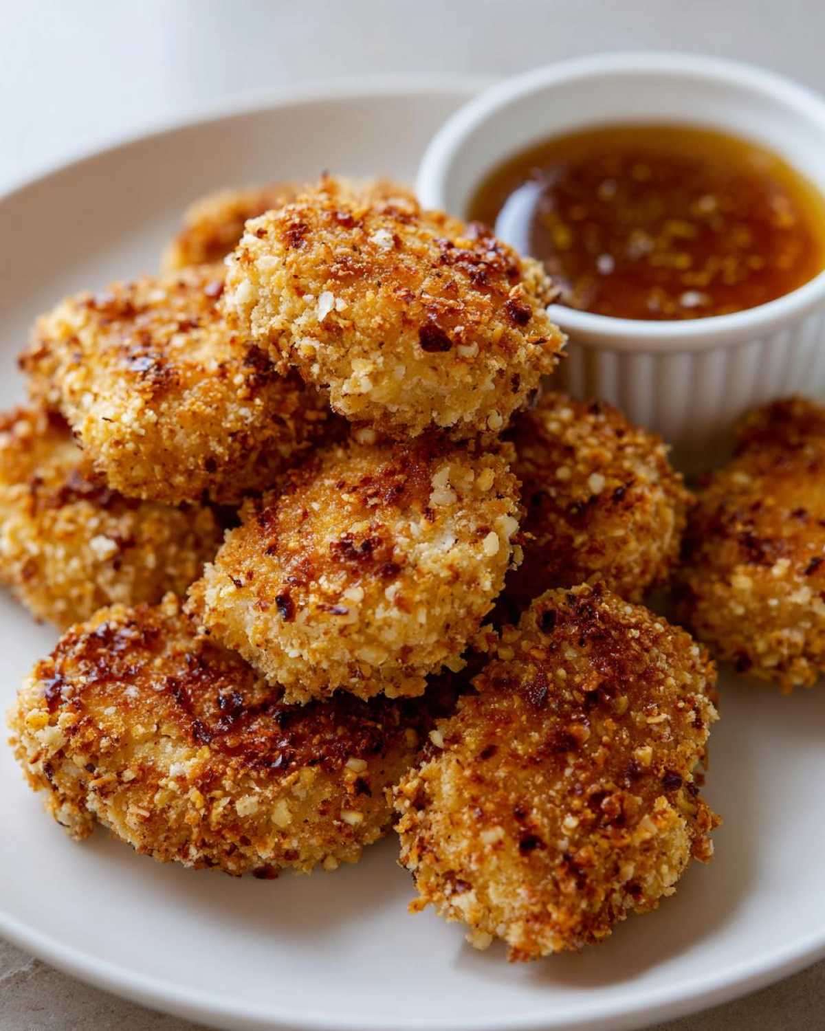 A close-up of golden brown, crispy chicken nuggets piled on a white plate next to a small ramekin of honey garlic dip.