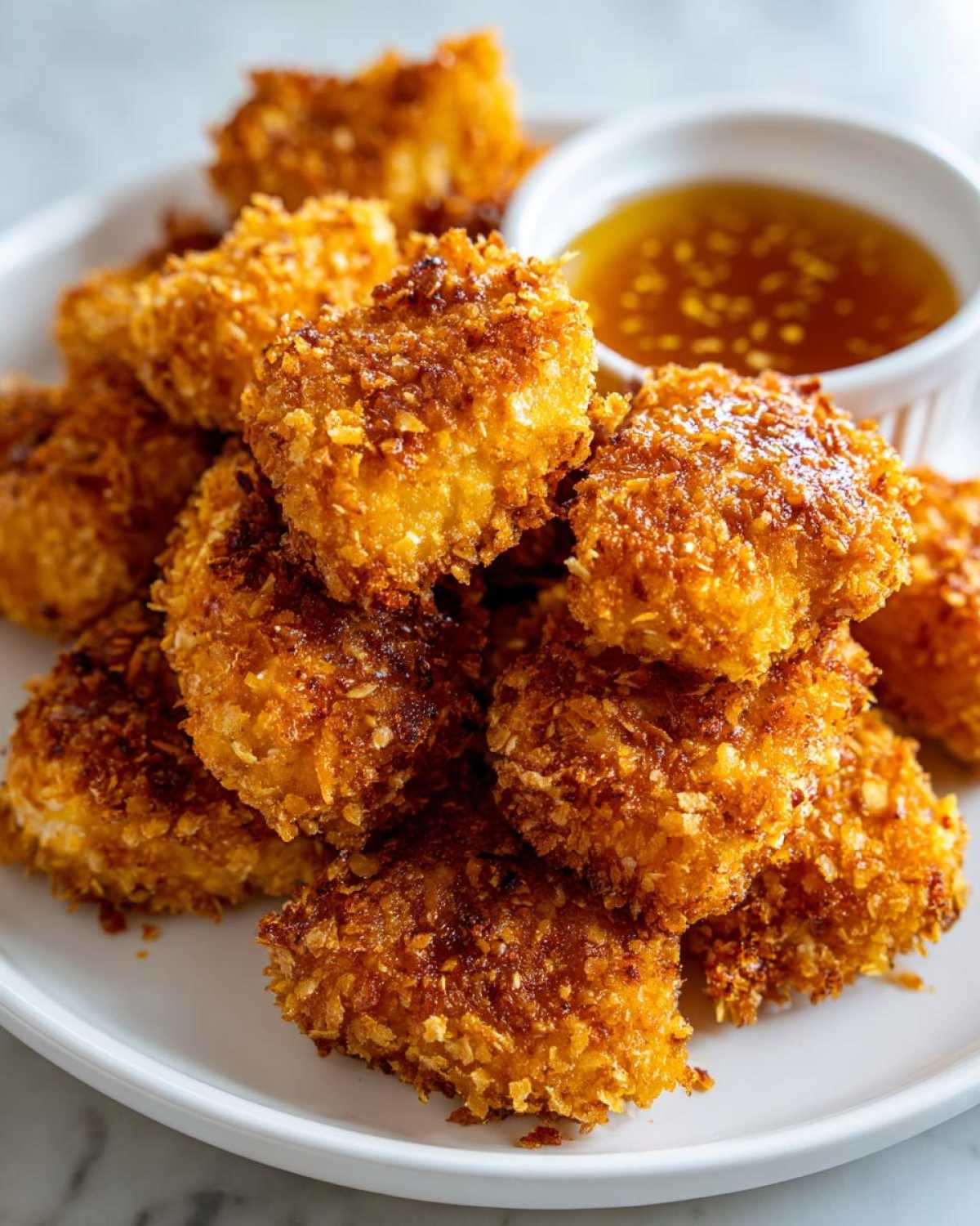 A pile of golden brown, crispy chicken nuggets served with a small bowl of honey garlic dip.