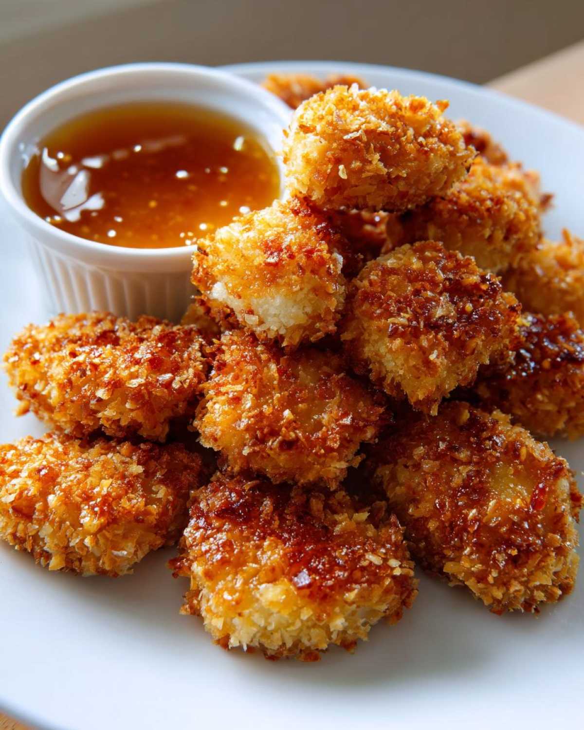 A pile of golden brown, crispy chicken nuggets served with a small white ramekin of honey garlic dip.