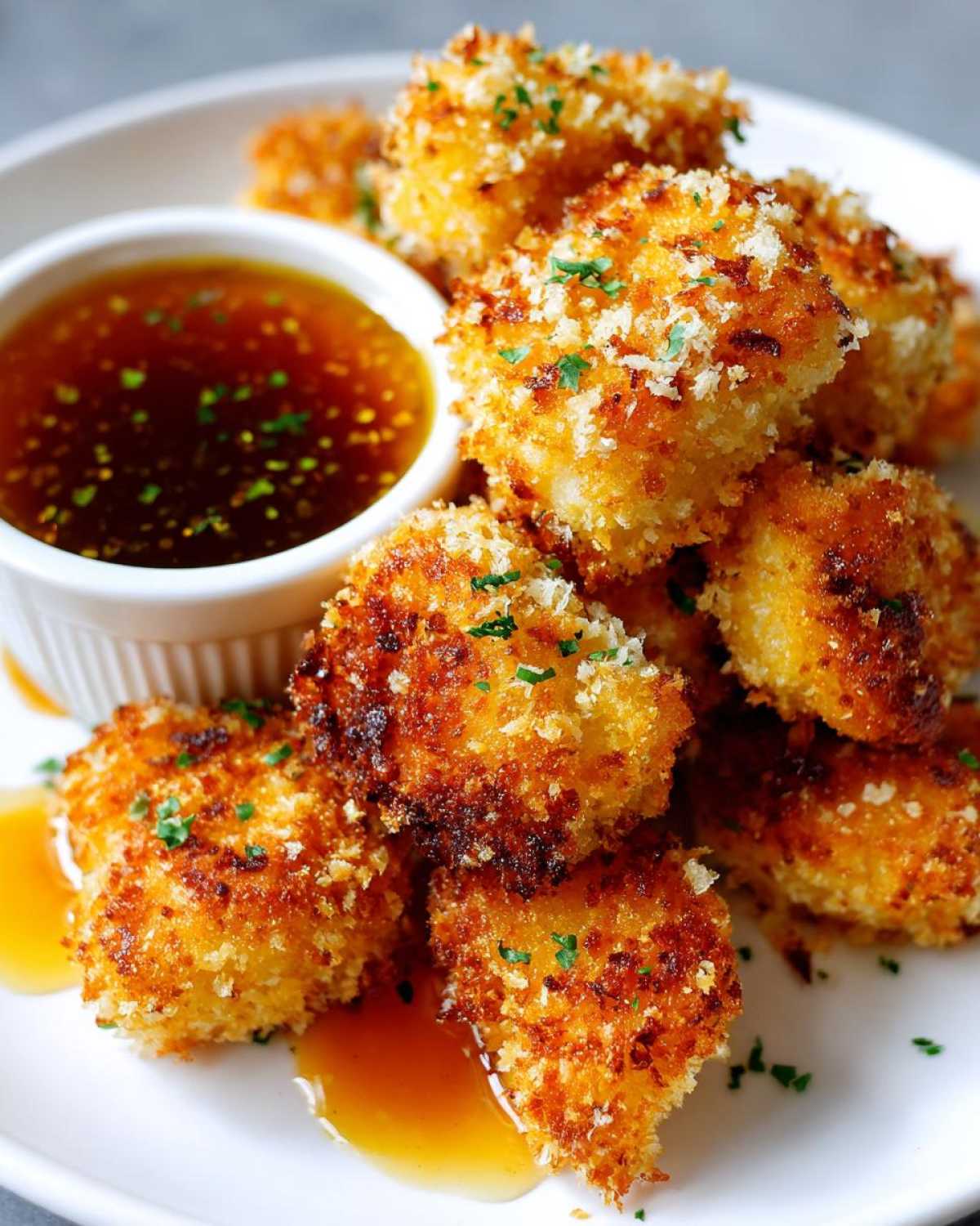 A pile of golden brown Crispy Chicken Nuggets with Honey Garlic Dip served on a white plate.
