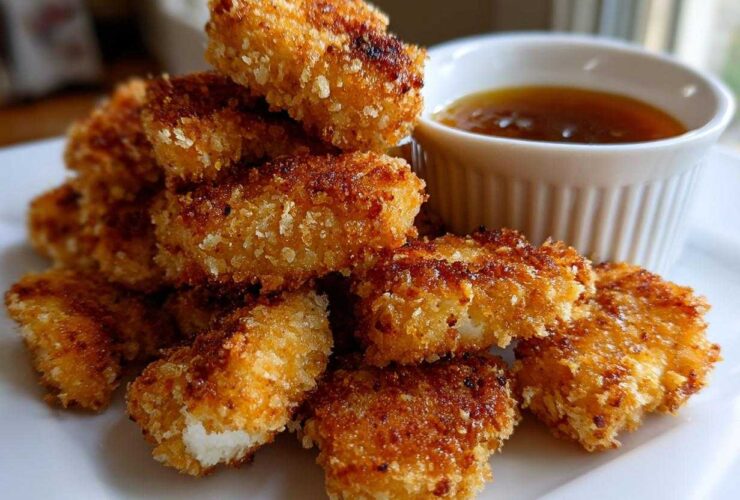 A stack of golden brown, crispy chicken nuggets served with a small white ramekin of honey garlic dip.