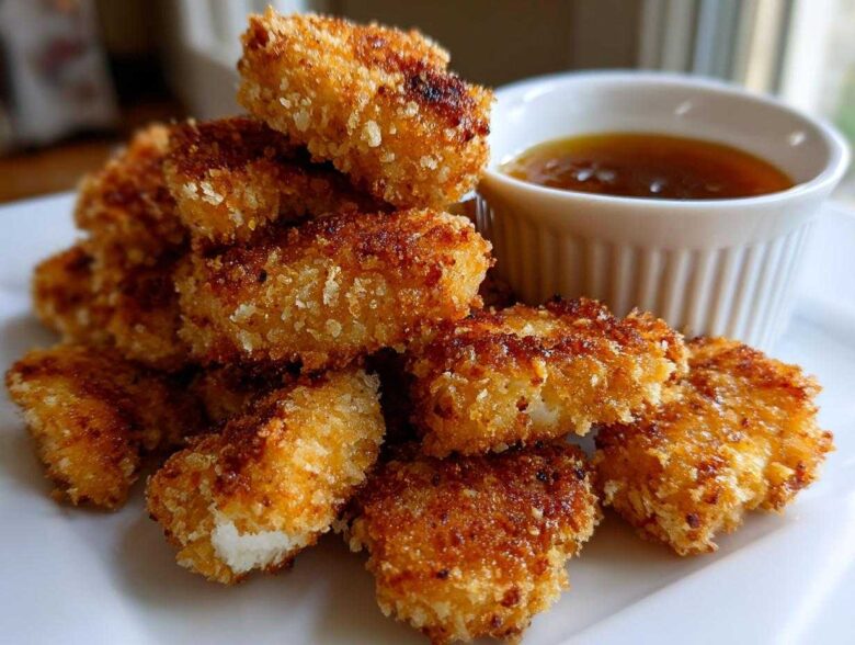 A stack of golden brown, crispy chicken nuggets served with a small white ramekin of honey garlic dip.