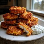 A stack of golden brown Crispy Chicken Nuggets with Ranch Dip on a white plate, one nugget is broken open showing the white meat inside.