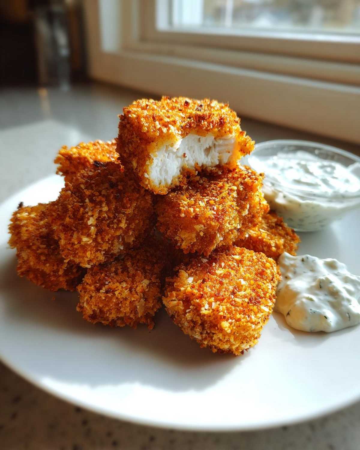 A stack of golden brown, crispy chicken nuggets with one nugget broken open, served with homemade ranch dip.