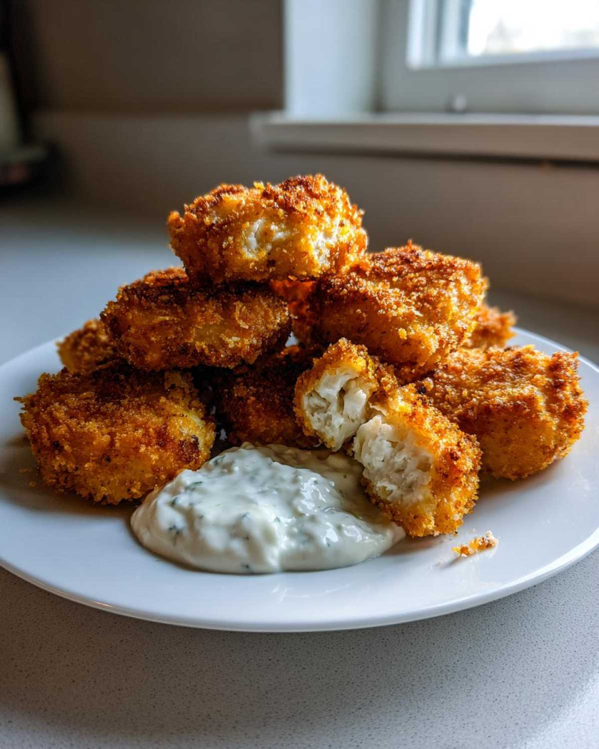 A stack of golden brown Crispy Chicken Nuggets with Ranch Dip served on a white plate.