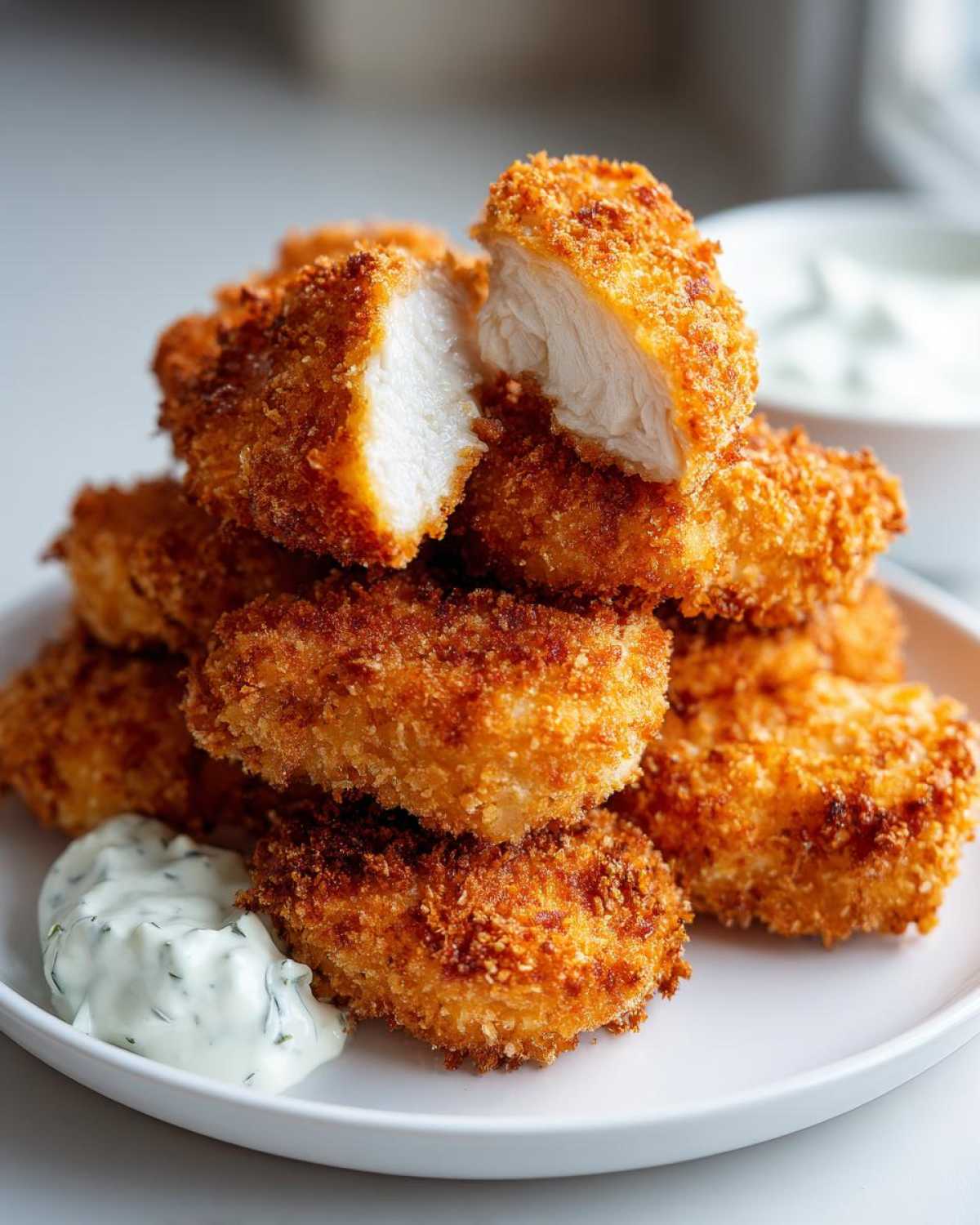 A stack of golden brown, crispy chicken nuggets, one cut open showing white meat, served with a dollop of ranch dip.