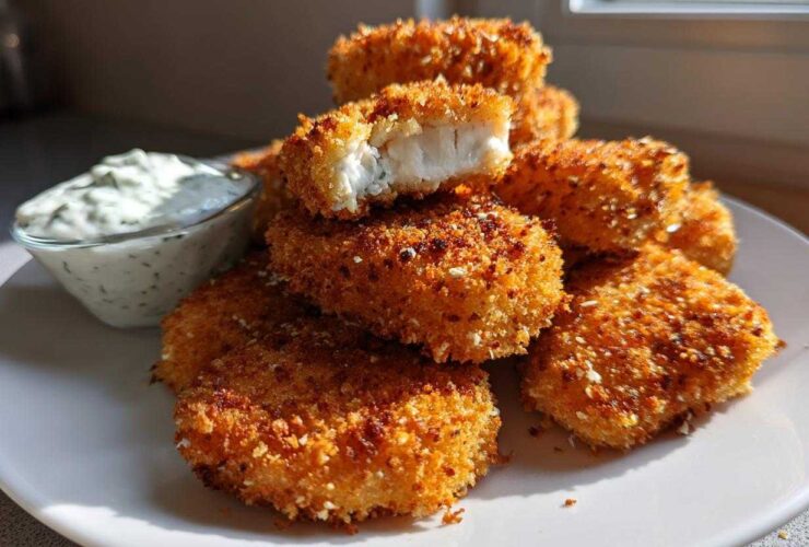 A stack of golden brown Crispy Chicken Nuggets with Ranch Dip served on a white plate.