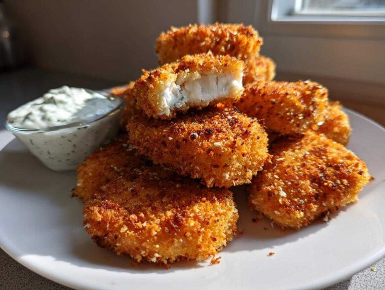 A stack of golden brown Crispy Chicken Nuggets with Ranch Dip served on a white plate.