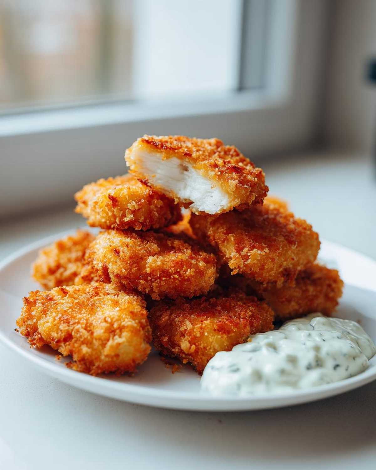 A stack of golden brown Crispy Chicken Nuggets with Ranch Dip on a white plate, one nugget is broken open showing the white meat.