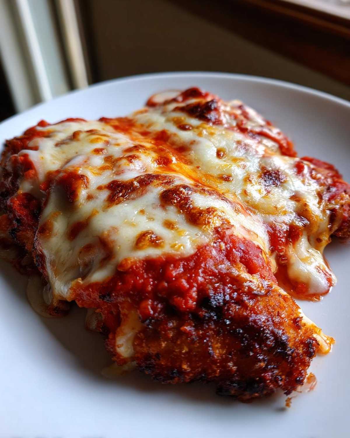 Close-up of a serving of Crispy Chicken Parmesan with a thick layer of bright red sauce and bubbly, melty cheese.