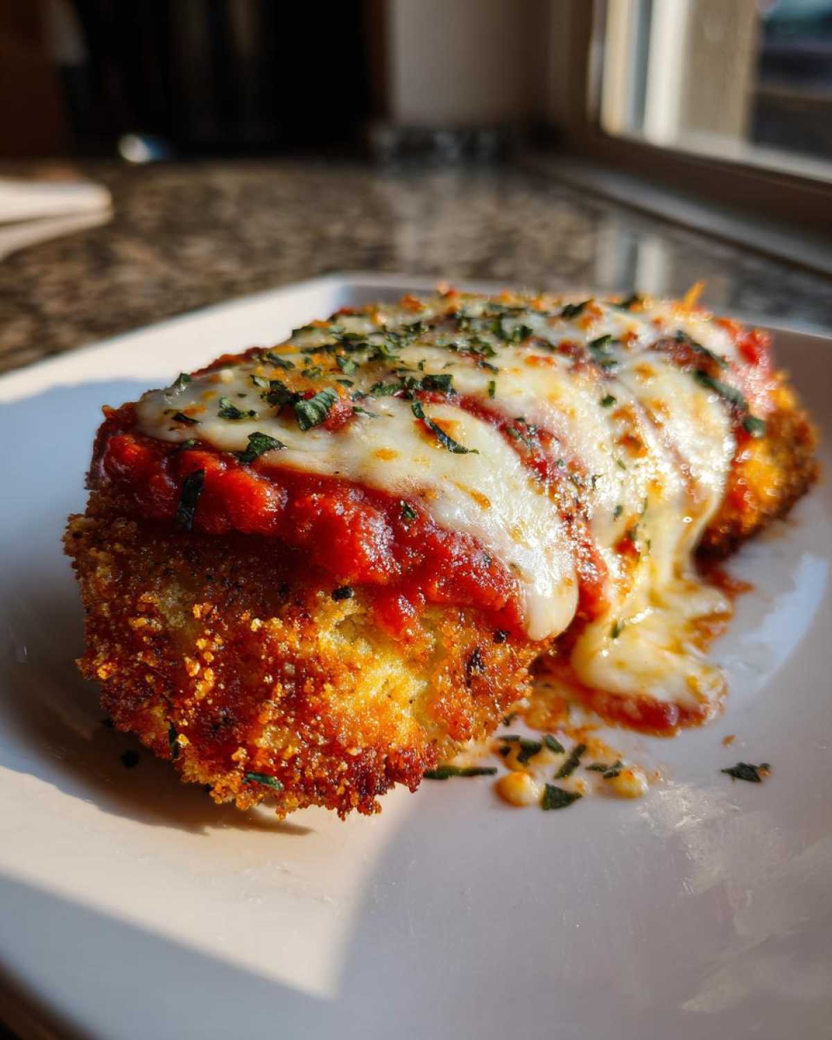 Close-up of a golden, crispy Chicken Parmesan topped with rich tomato sauce and gooey, melty cheese.