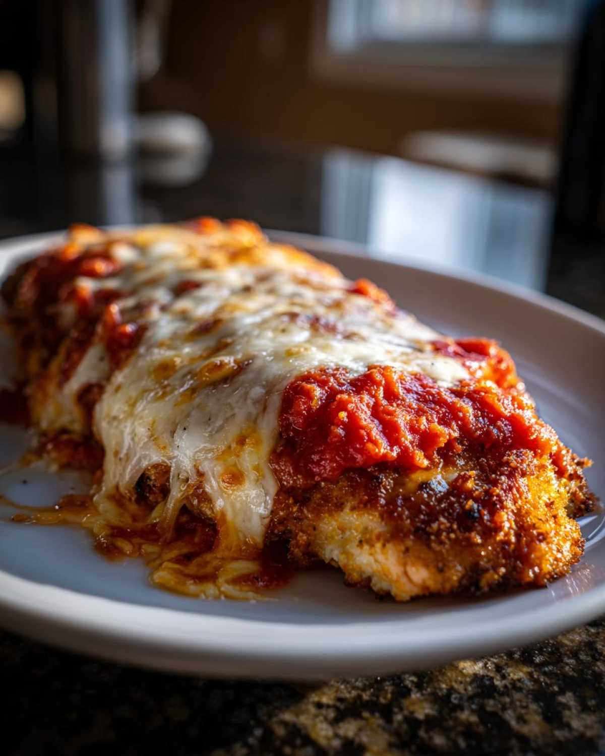 Close-up of a golden-brown Crispy Chicken Parmesan with melty cheese and rich tomato sauce.
