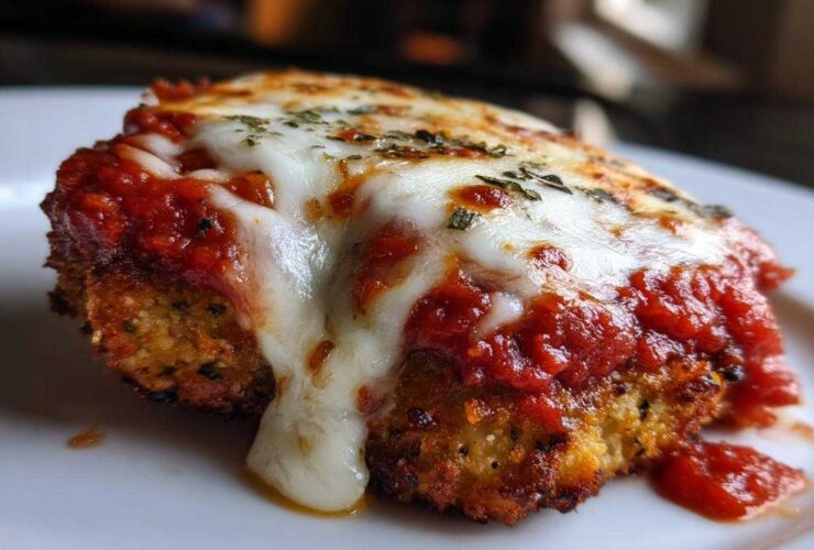 A close-up of a piece of Crispy Chicken Parmesan with melty mozzarella cheese dripping over rich tomato sauce.