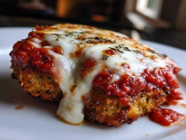 A close-up of a piece of Crispy Chicken Parmesan with melty mozzarella cheese dripping over rich tomato sauce.