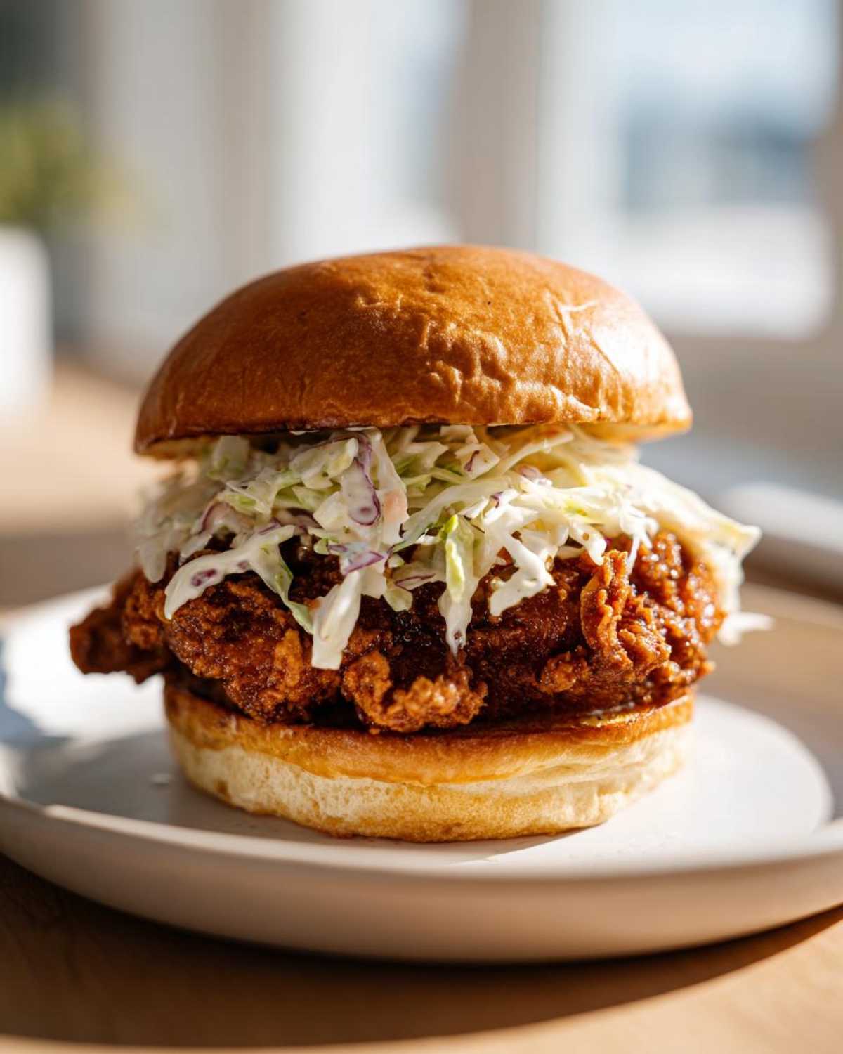 A close-up of a perfectly assembled Crispy Chicken Sandwich with Creamy Slaw piled high on a toasted brioche bun.