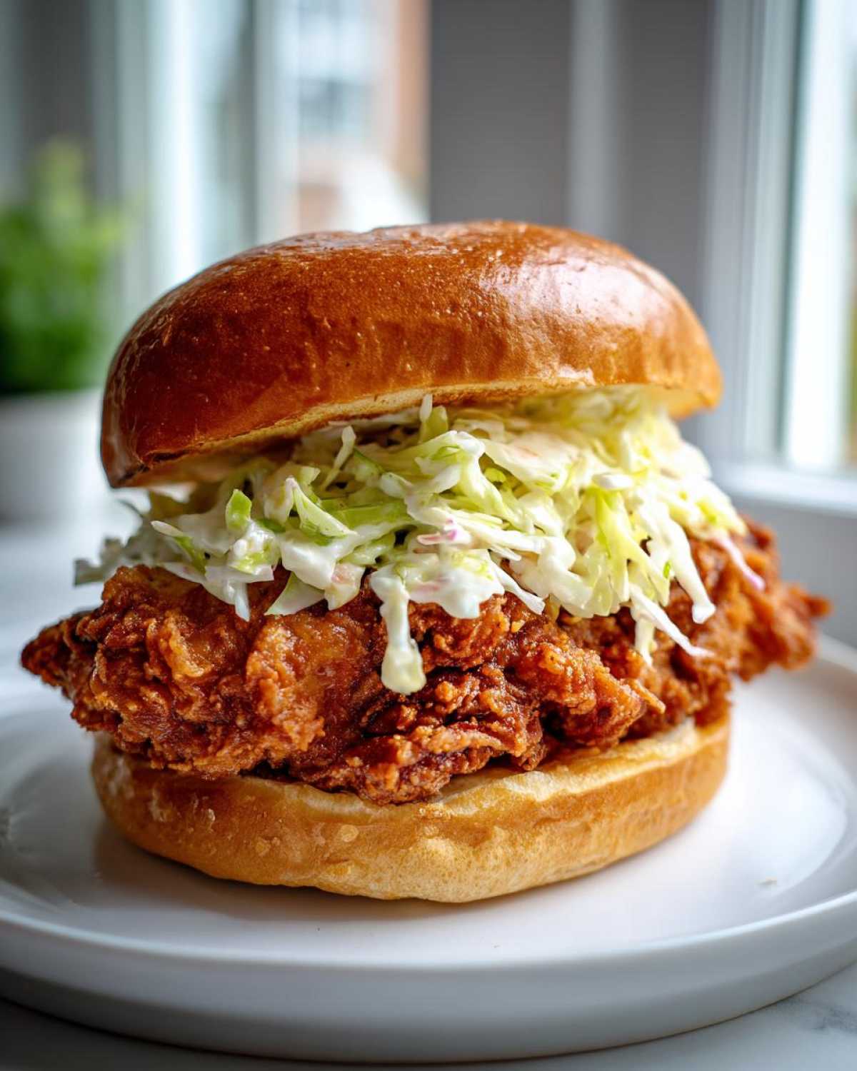 A close-up of a Crispy Chicken Sandwich with Creamy Slaw piled high on a toasted brioche bun, served on a white plate.