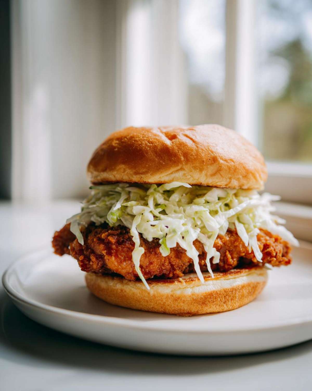 A perfectly assembled Crispy Chicken Sandwich with Creamy Slaw piled high on a toasted brioche bun, sitting on a white plate.