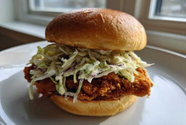 A close-up of a Crispy Chicken Sandwich with Creamy Slaw piled high on a toasted bun, sitting on a white plate.