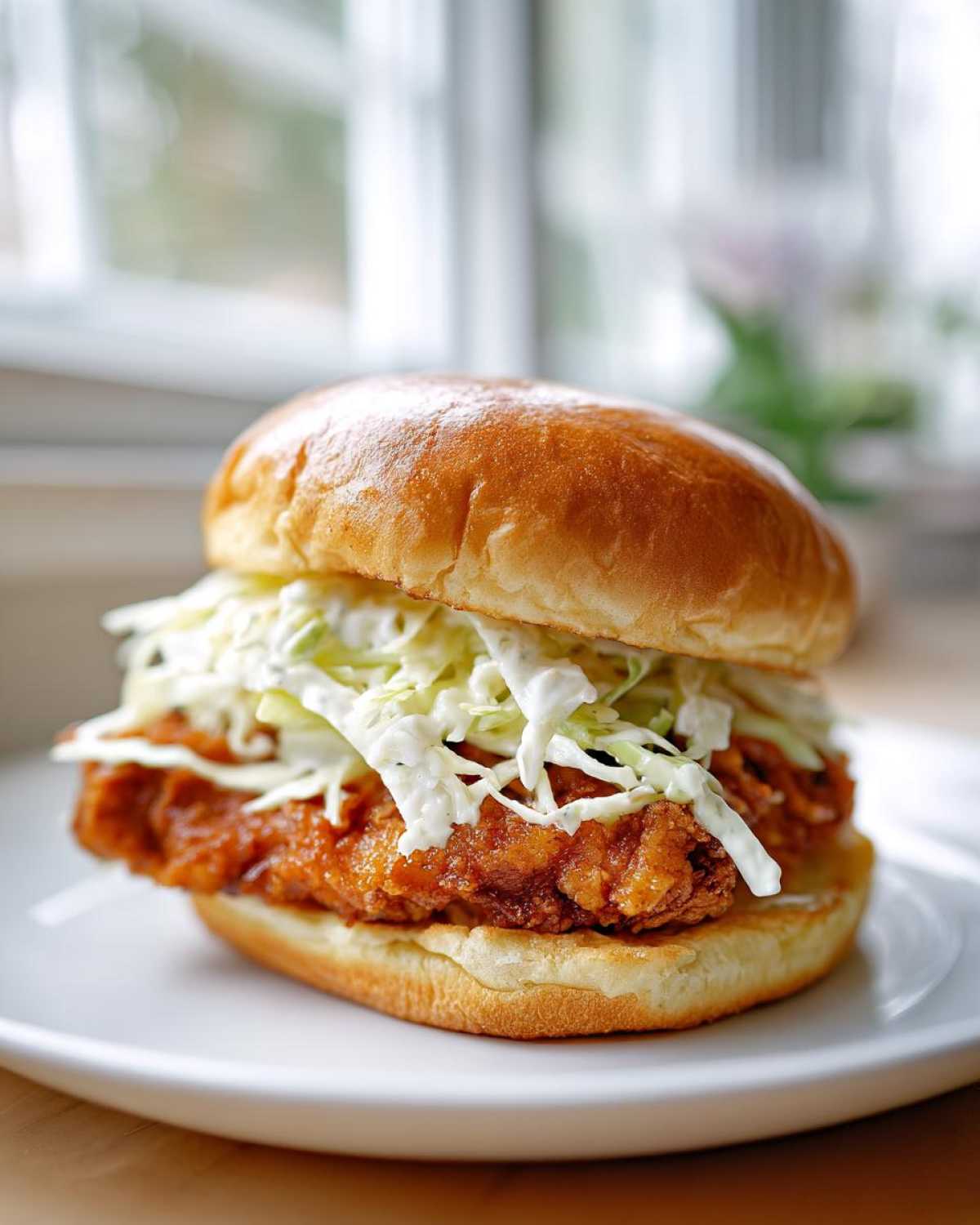 A close-up of a Crispy Chicken Sandwich with Creamy Slaw piled high on a toasted brioche bun, served on a white plate.