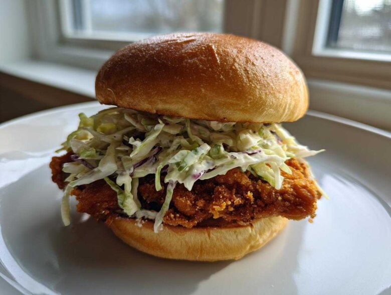 A close-up of a Crispy Chicken Sandwich with Creamy Slaw piled high on a toasted bun, sitting on a white plate.