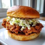 Close-up of a Crispy Chicken Sandwich with Creamy Slaw piled high on a brioche bun.