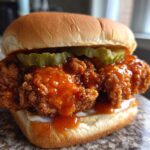 A close-up of a Crispy Chicken Sandwich with Spicy Honey Sauce, pickles, and a brioche bun.
