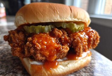 A close-up of a Crispy Chicken Sandwich with Spicy Honey Sauce, pickles, and a brioche bun.