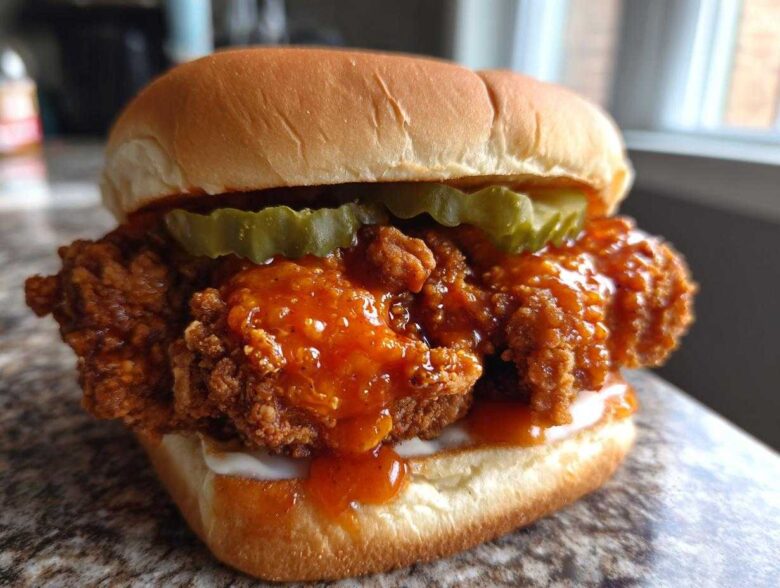 A close-up of a Crispy Chicken Sandwich with Spicy Honey Sauce, pickles, and a brioche bun.