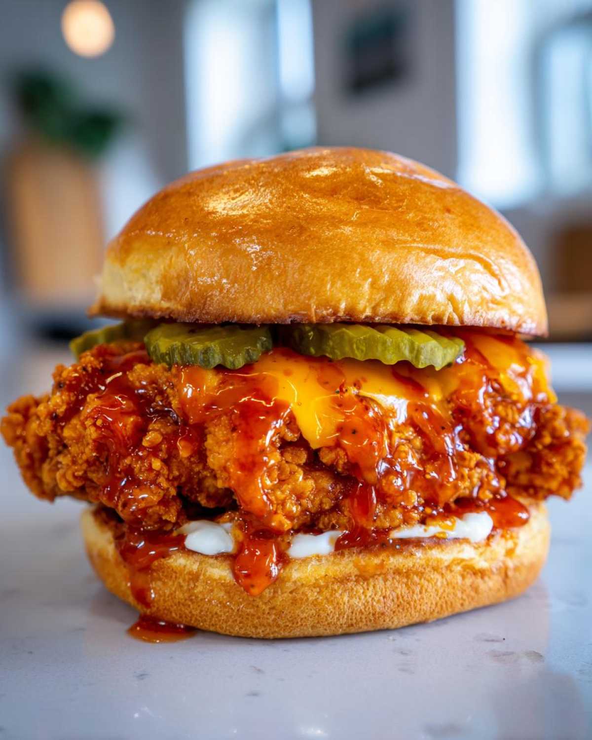 Close-up of a Crispy Chicken Sandwich with Spicy Honey Sauce, cheese, and pickles on a brioche bun.